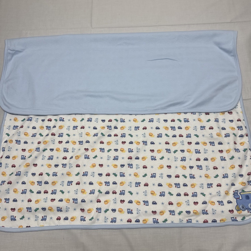 Child Of Mine Carter's Cotton Baby Blanket Blue Cars Trains Lions Reversible